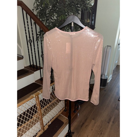 Free People Mink Sequin Knit Top Long Sleeve Sparkle Sheer Mesh Beige L - Picture 2 of 8